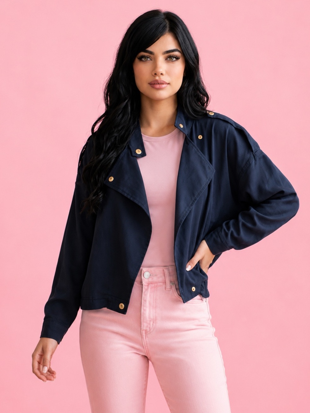 HYFVE Navy Blue Cropped Double-Breasted Zip oversized Jacket Size SMALL -LG NWT